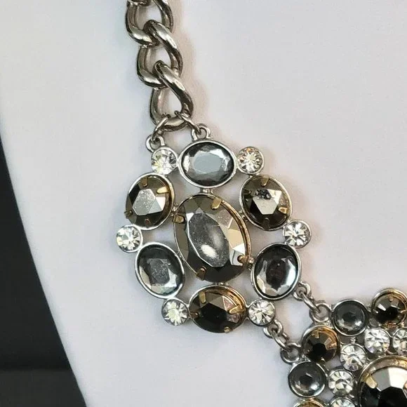 Womens Silver Tone Heavy Chunky Chain Prong Set Crystal Statement Necklace - Picture 6 of 10